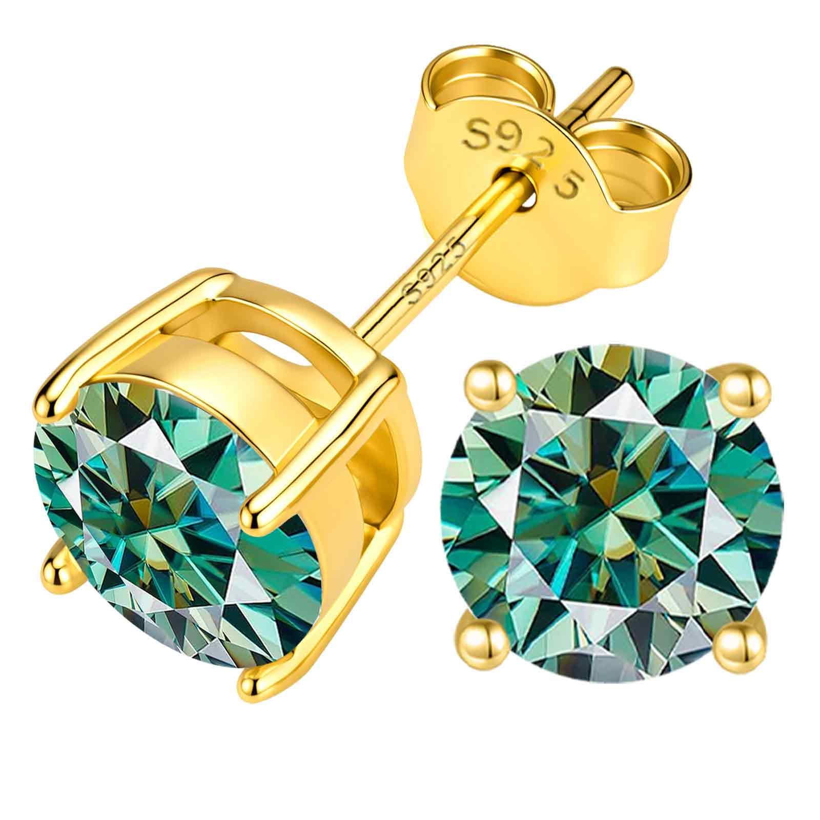 Ohrstecker mit farbigem Moissanit 0.2-4ct VVS1 für Damen, 925 Sterling Silber Ohrstecker 14K vergoldet, 4-Zinken-Design, hypoallergen für empfindliche Haut