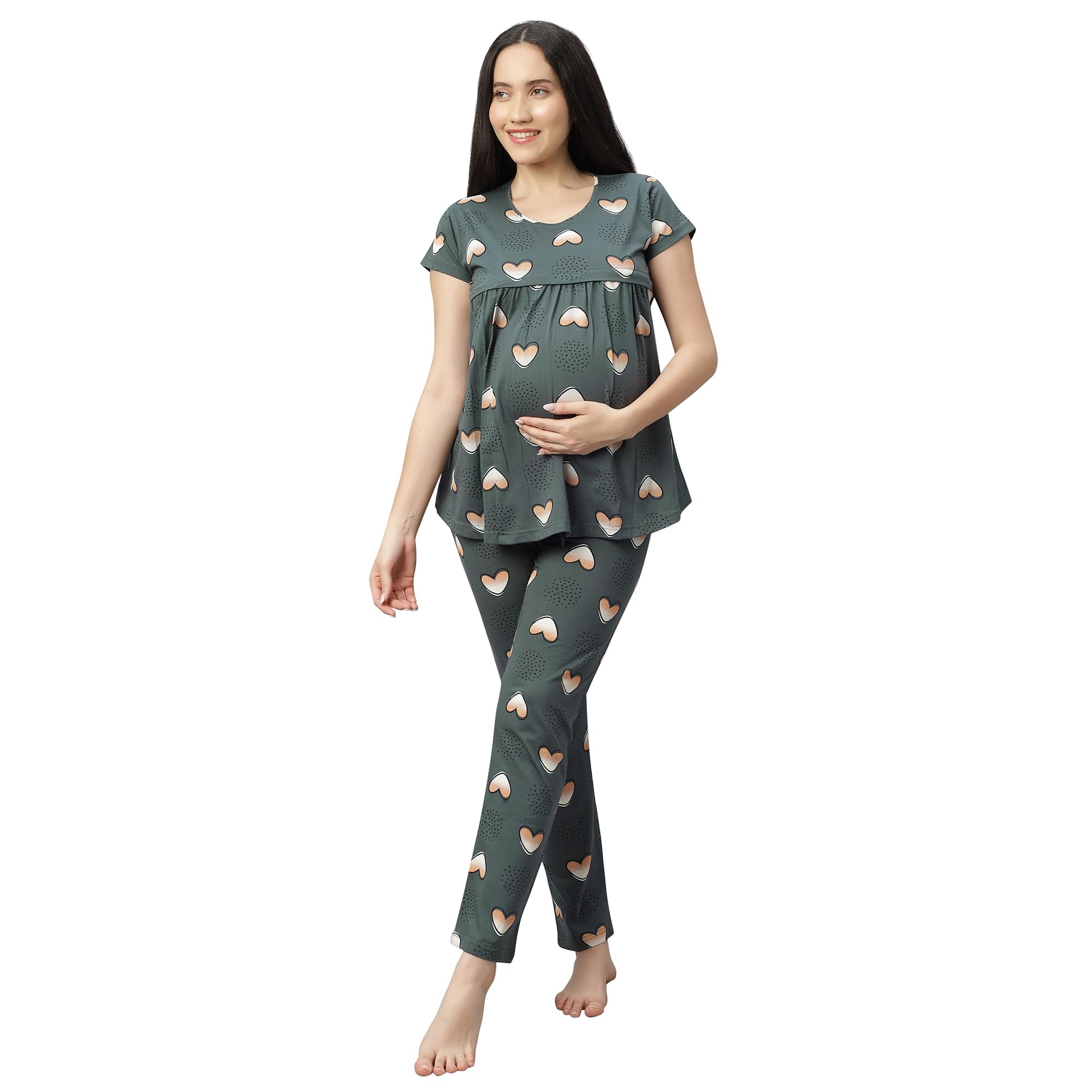 dzzo Women's Cotton Printed Maternity Night Suit | Comfortable Feeding Night Dress | Soft & Breathable Nursing Pajama Set-picture-26