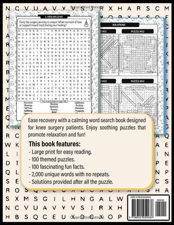 My Knee Surgery Recovery Word Search Large Print: 100 Calming Puzzles & Facts: Knee Surgery Gifts for Men and Women, Funny Get Well Soon Rehab Games Activities After Joint Replacement image 3
