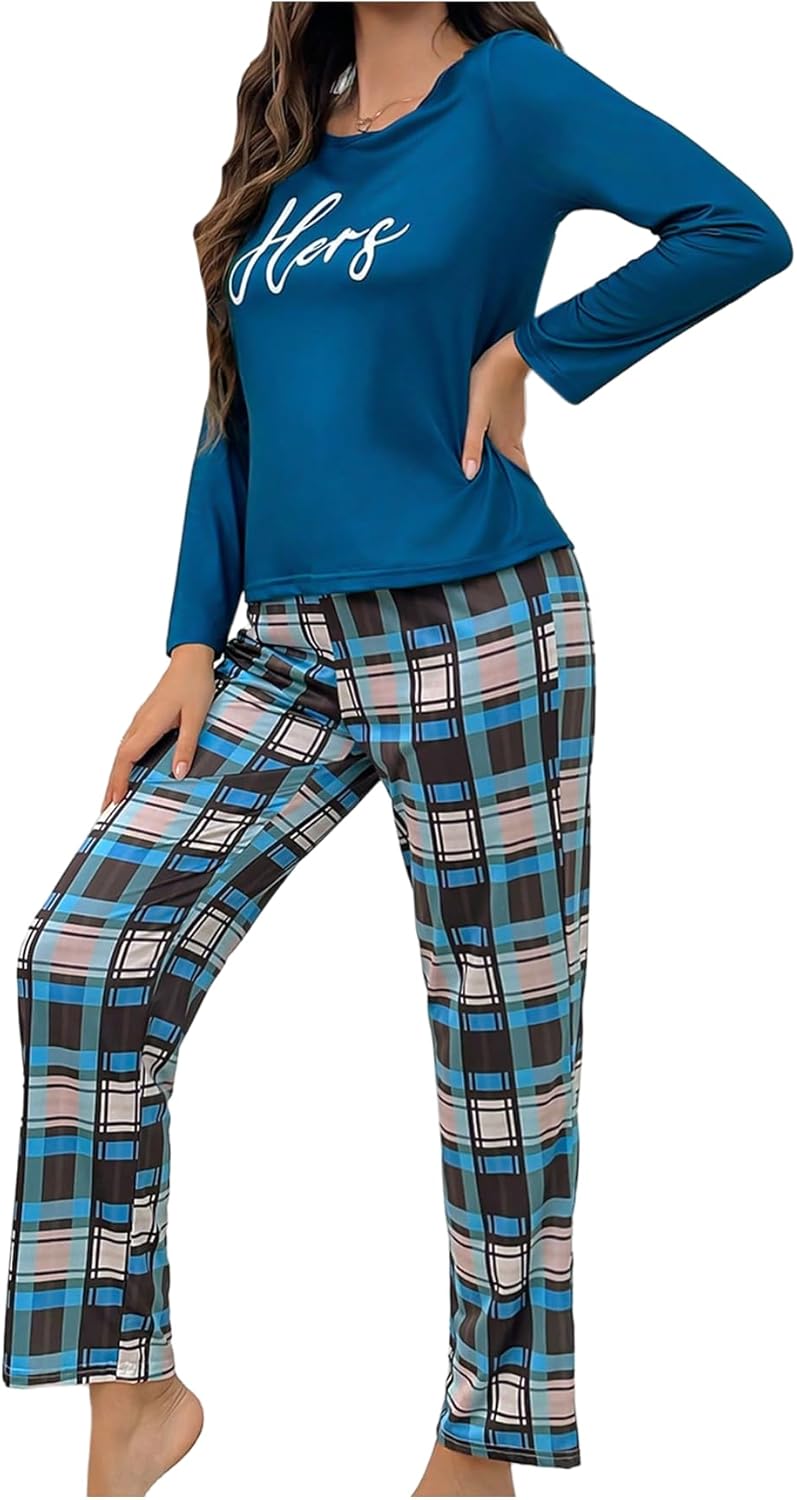 SweatyRocks Women's Long Sleeve Pajama Sets Crew Neck Graphic Tee and Plaid Pants Sleepwear Lounge Set Multicolor Medium