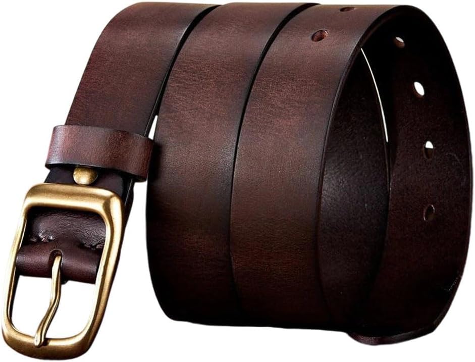 Men's Leather Belt - 3.3 cm Natural Cowskin with Copper Buckle for Business and Casual