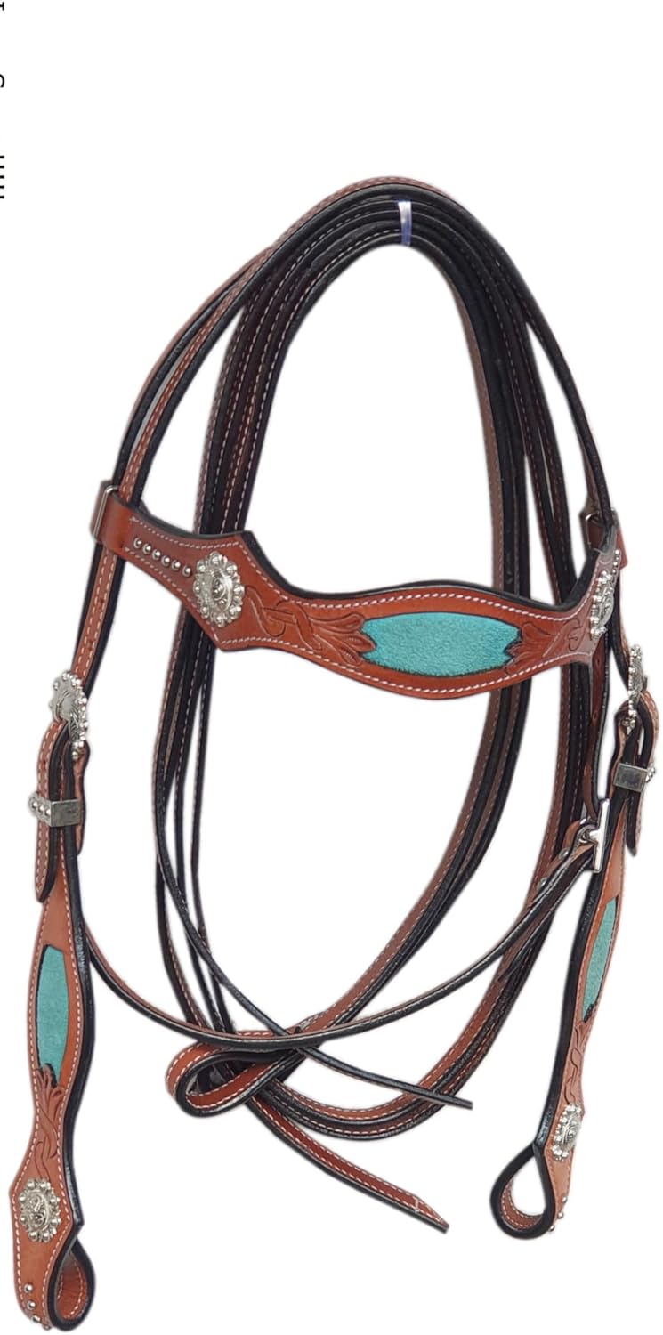 Western Leather Horse Headstall and Reins Combo Natural Antique Tooling, Quick Bit Change Adjustable Browband Headstall and Free Size Reins for Horses