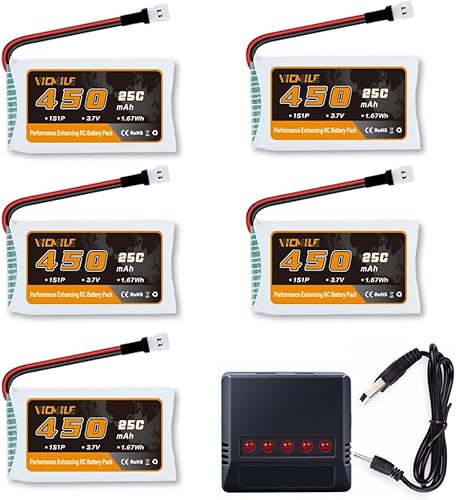 VICMILE Batería Lipo de 3.7 V 450 mAh 25C RC Drone Baterías con cargador 5 en 1 Molex Plug Compatible con la mayoría de SYMA y Holystone RC Drone,