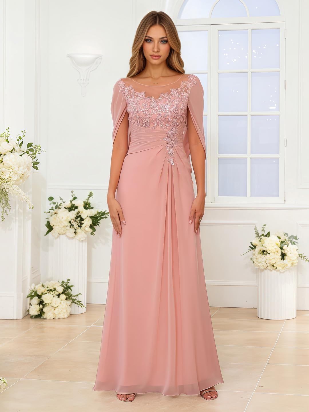 Women's Chiffon Mother of The Bride Dresses with Cape Sleeves Lace Appliques Evening Party Gowns