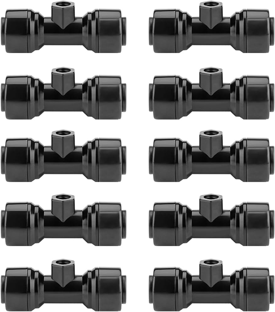 Black 1/4 inch slip-lock misting nozzle tee connectors arranged in a small parts set