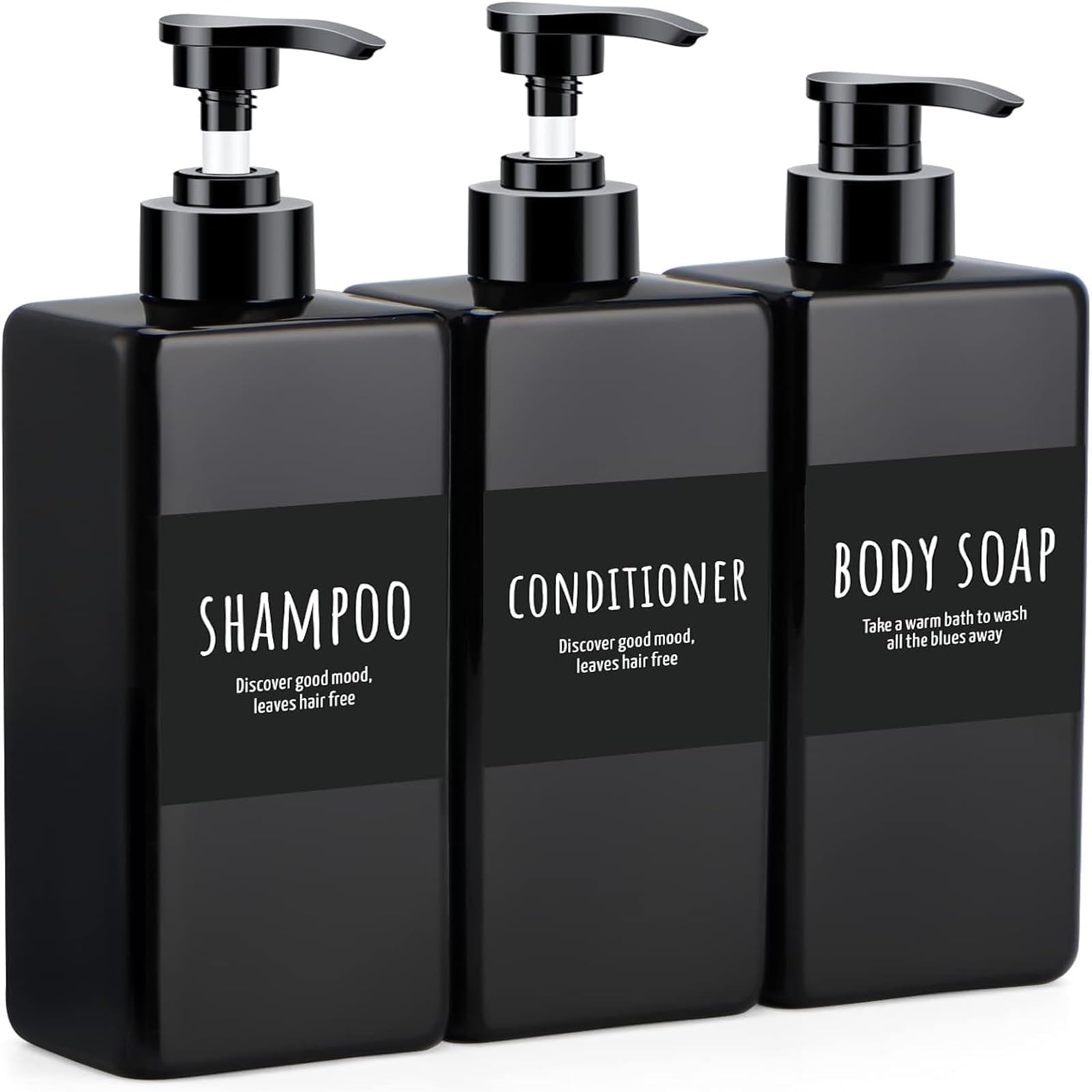 3pcs 16.9oz Shower Bottles Soap Dispenser with Labels, Empty Plastic Square Pump Bottle Dispenser Body Wash Containers for Bathroom Shampoo and Conditioner Dispenser Refillable,in Black