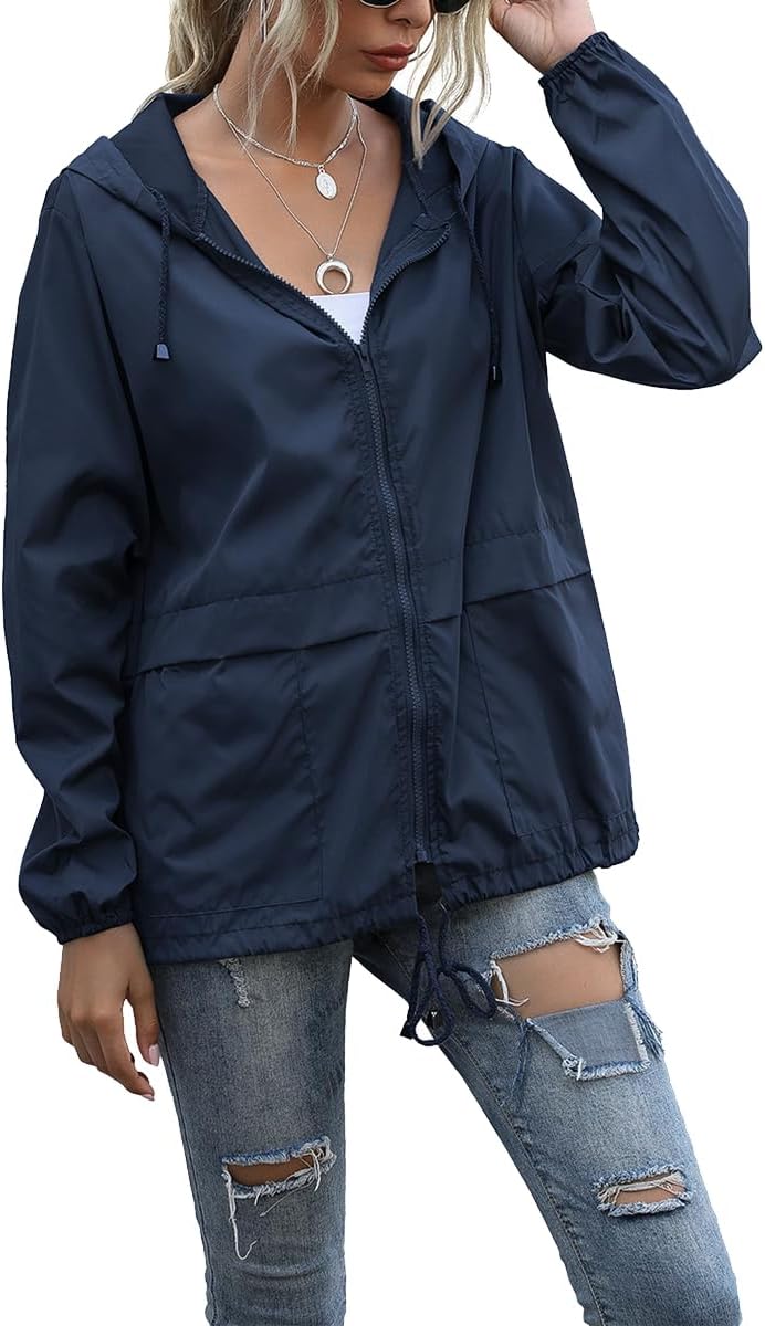 Rain Jacket Women Outdoor Waterproof Lightweight Hooded Raincoat Hiking Travel Windbreaker with Pockets