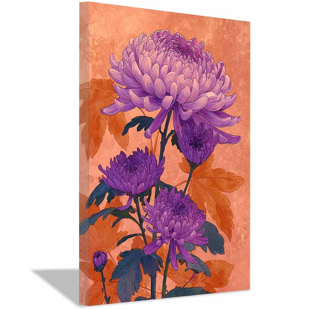 Xeniou Multicolor Flower Wall Art Canvas Purple Chrysanthemum Art Canvas Wall Art, For Bathroom Living Room Bedroom Office Kitchen(Multicolor)-70X100cm Framed