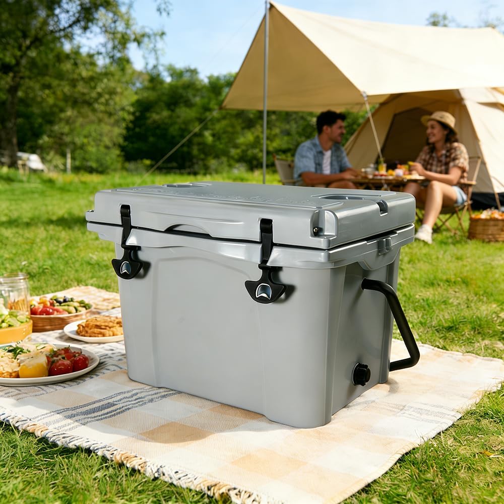 Grey 25 Quart Rotomolded Cooler, 30 Cans Capacity with 5-Day Ice Retention, Commercial Grade Insulation, Heavy-Duty Outdoor Cooler with Bottle Opener & Non-Slip Feet for Camping, Beach, Fishing