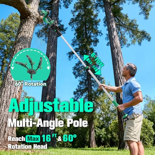 Image of KIMO 2-IN-1 Electric Pole Saws for Tree Trimming, 8 inch Mini Chainsaw Cordless, 16FT Max Reach Extension Pole, 2x4.0Ah Batteries,Fast Charger, Brushless Pole Chain Saw for Tree Trimmer Limb Branch Cutter