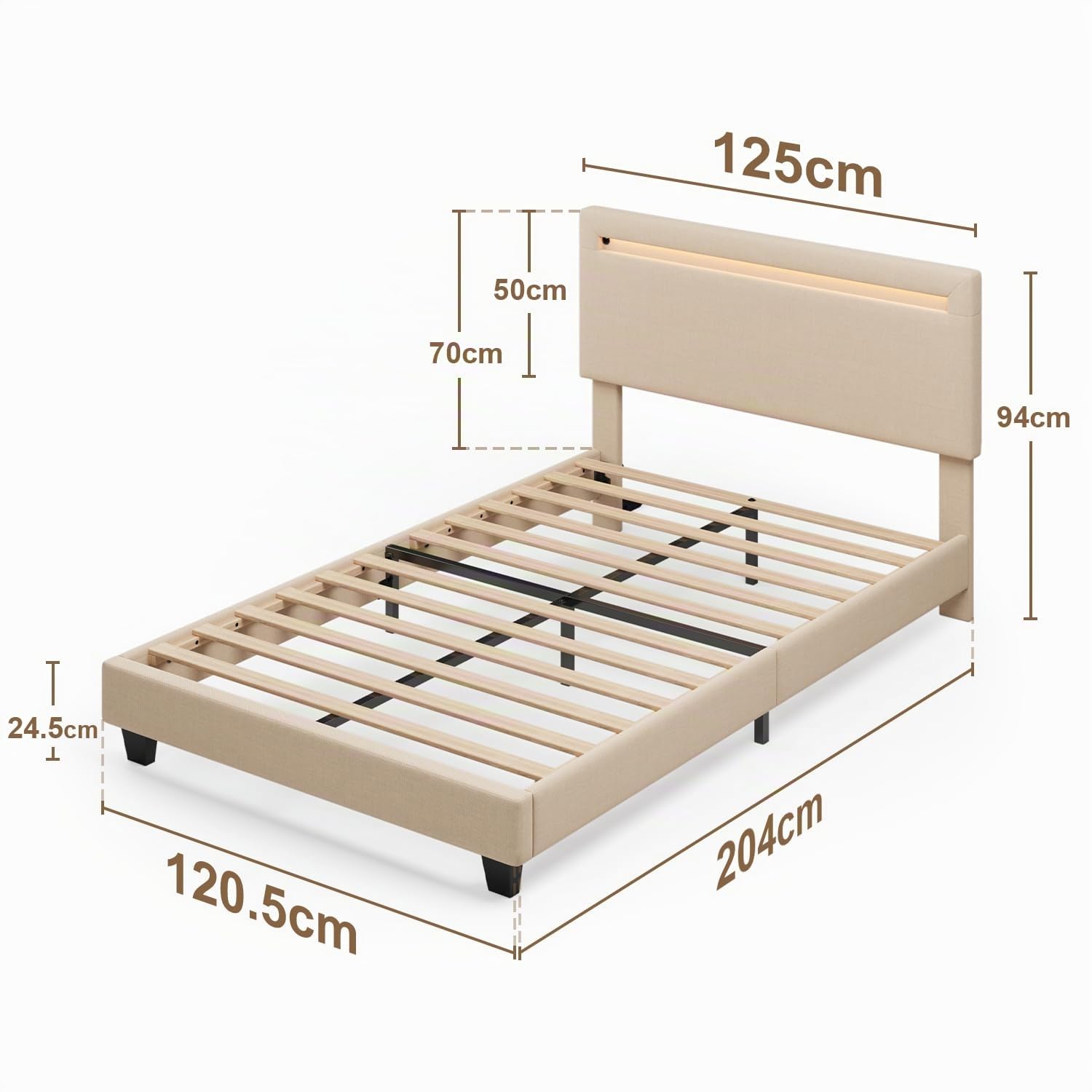 Cama Individual 120x200 cm con Iluminación LED Regulable y Esta, Cabecero Tapizado, Bastidor de Hierro Resistente, Ahorra Espacio, Ideal para Dormitorios y Habitaciones de Invitados, Beige