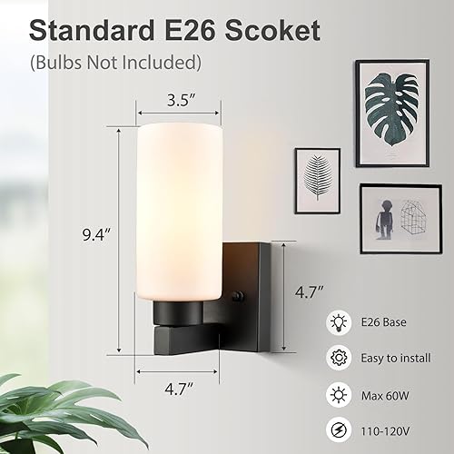 Miniatura 5 de DEYNITE Juego de dos apliques de baño modernos negros con pantalla cilíndrica de cristal cilíndrica blanca lechosa