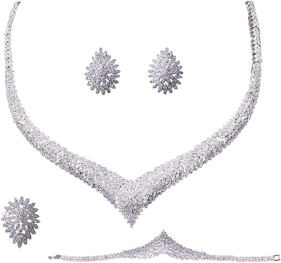 JorsnovsDubai Indian Wedding Jewelry for Bride 4pcs Zircon Earrings and Necklace Bracelet Ring Set Formal Jewelry for Women Evening Wear, crystal, Cubic Zirconia