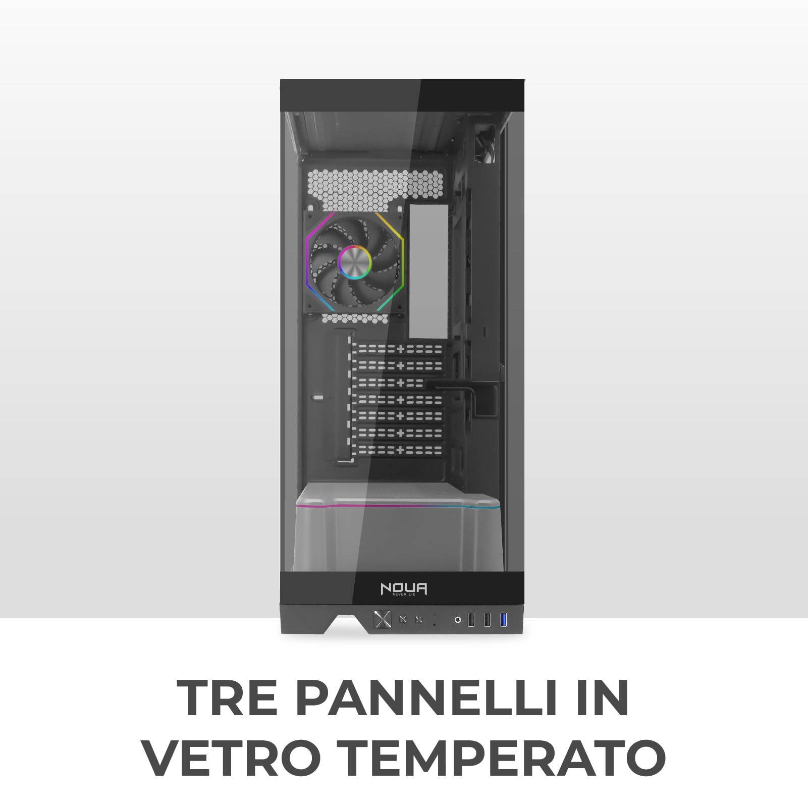 Noua Utopia FS100, Case Gaming ATX, Triplo Vetro Temperato Continuo Senza Cornici, Ventola ARGB e Strip LED ARGB, Supporto Raffreddamento Liquido fino a 360mm, Silver