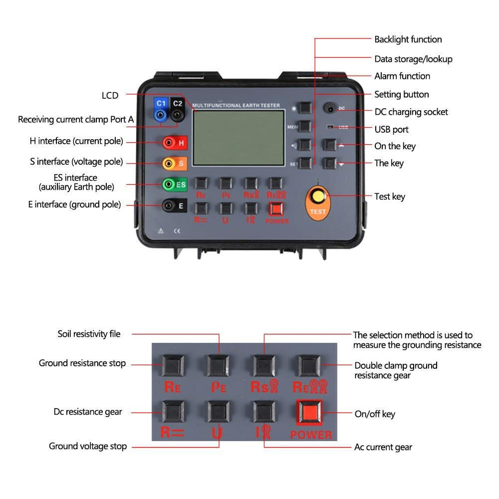 Double Clamp Grounding Resistance Tester Soil Resistivity Tester DC Resistance Meter AC Current Meter Soil Resistivity 9999kΩm Resistance 30.00kΩ Voltage 100.0V AC Current 1000A USB Interface