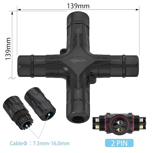Vista 24 de AOHUA Caja de conexiones de 4 vías de 2 pines IP68 impermeable conector de cable de alimentación Ø5.0.000 in - 0.374 in Rango (CA 300 V, 20 A), UL