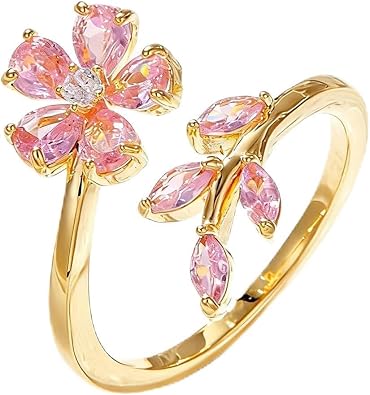 Floral Wrap Finger Ring for Women, Gold-Tone Plated Pink Crystal Open