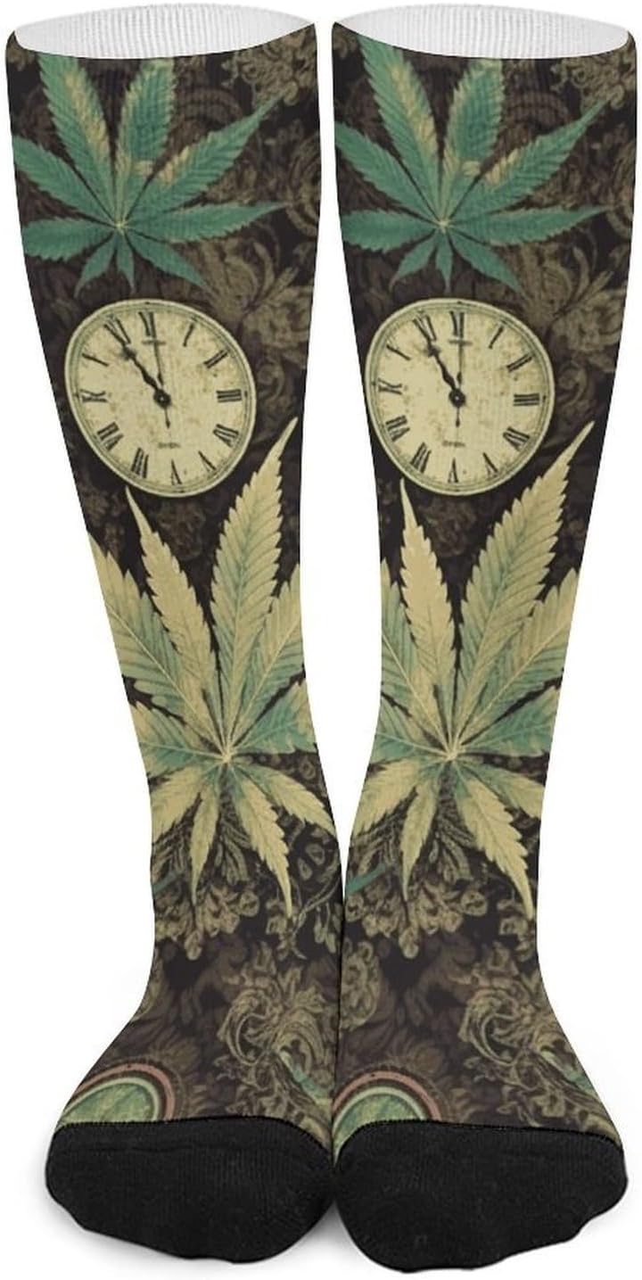 Knee High Socks Marijuana Clock Pattern Long Tube Boot Seamless Toe