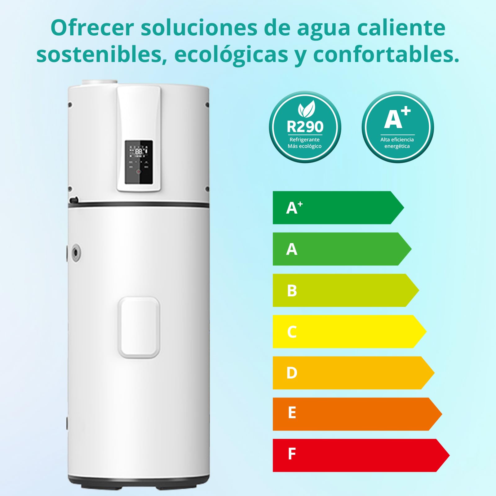 Bomba de calor 250L con intercambiador de calor, compatible con PV y solar, calefacción eléctrica adicional, R290, A+, eficiencia energética, silenciosa, para uso doméstico y comercial
