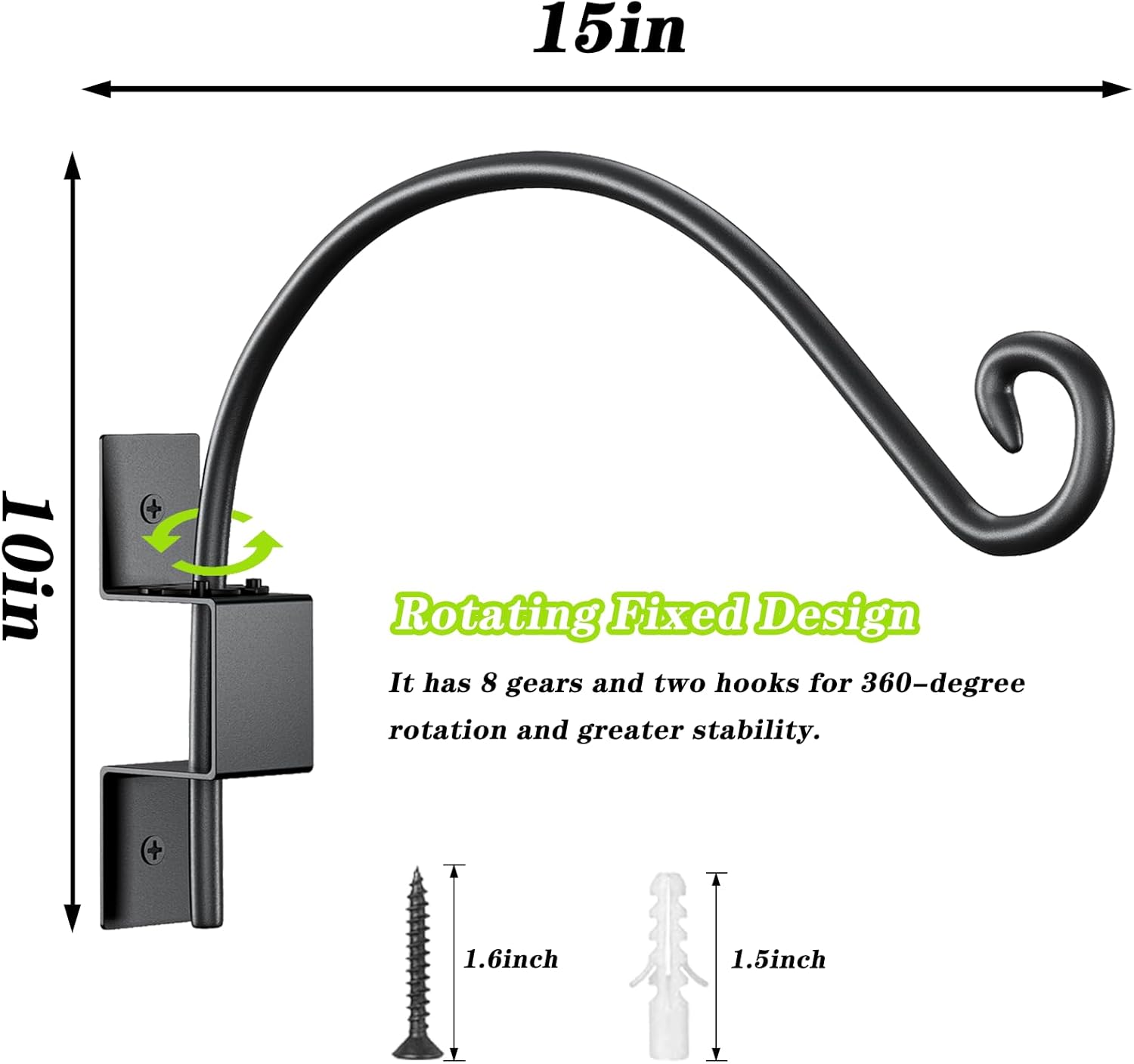 15inch Swivel Plant Hangers Outdoor- 2PCS Heavy Duty Iron Planter Hanging Hook Bracket Swivel Bird Feeder Hanger Hook Metal for Flower, Lantern, Wind Chimes