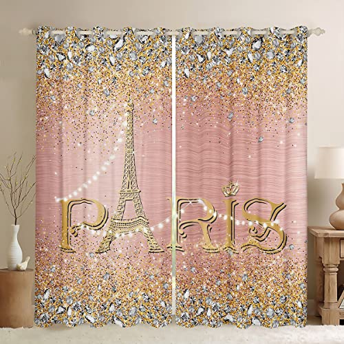 Erosebridal Paris Blackout Curtains For Girls Women,Eiffel Tower Curtains 52X84,Pink Sparkles Sequins Curtains & Drapes Wrinkle Free,Gradient Diamond Window Curtains 2 Panels Living Room Decor #TOP22