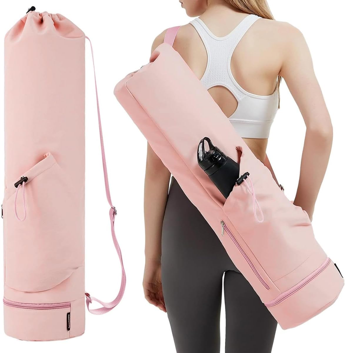 HANNEA® Yoga Mat Bag, Pink, 78cm × 29cm/30.7 x 11.4in, Waterproof, Adjustable Strap, Bottom Storage Compartment, Exercise, Fitness, School