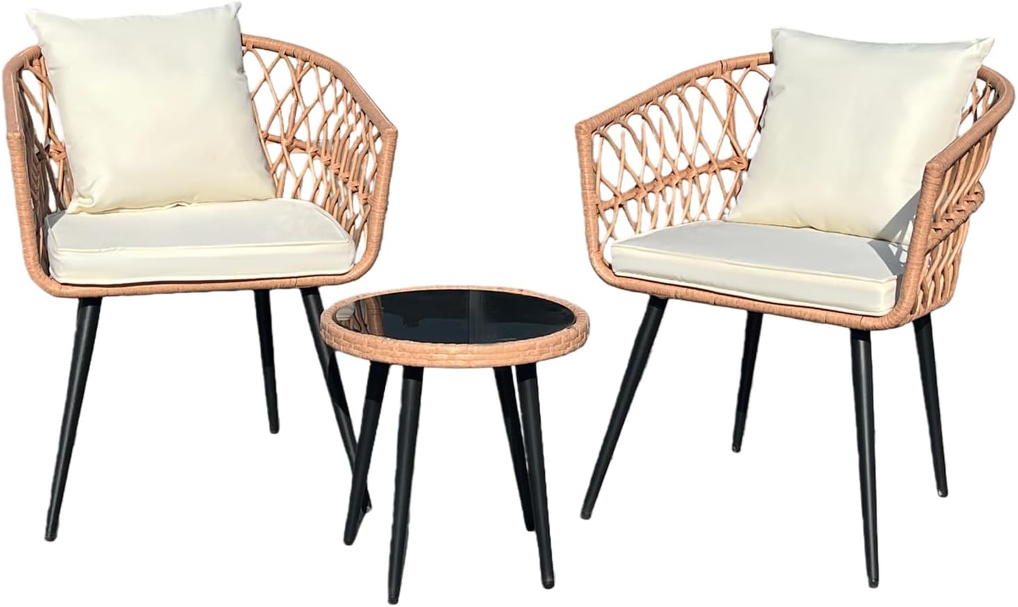 3 Piece Patio Furniture Set, Outdoor Wicker Balcony Furniture Sets, All-Weather Rattan Outdoor Bistro Set for Backyard, Balcony and Deck with Soft Cushions, Glass Side Table(Beige)