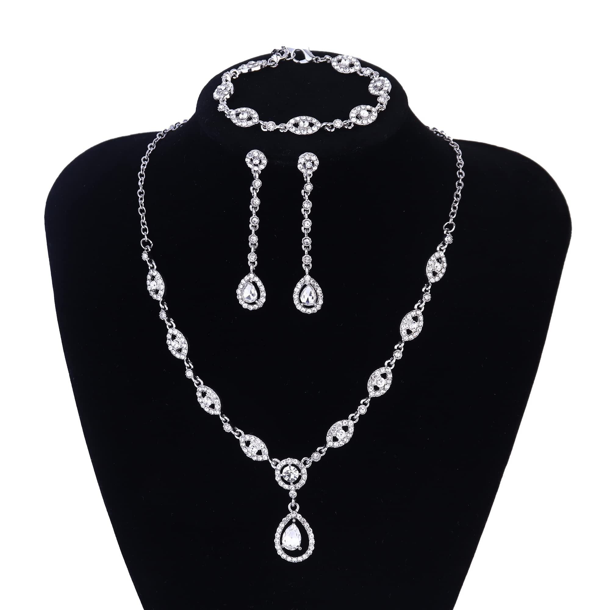 YADOCA Wedding Bridal Jewelry Set For Women Silver Prom Costume Jewelry Sets Rhinestone Crystal Teardrop Necklace Earrings Bracelet Bridesmaid Jewelry Accessories Blue Silver Red Rose Gold