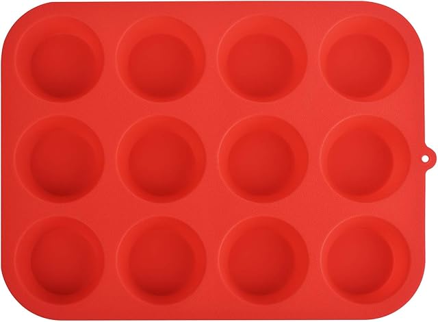 Silicon Muffin Tray 12 Cups - Non Stick Baking Trays for Cupcakes & Brownies - (23x31cm) Red Baking Moulds for Muffin