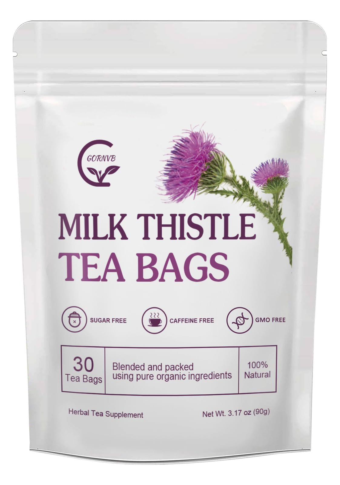 GORNVB Organic Milk Thistle Tea Bags, Liver Support Herbal Tea, Caffeine Free, 30 Tea Bags