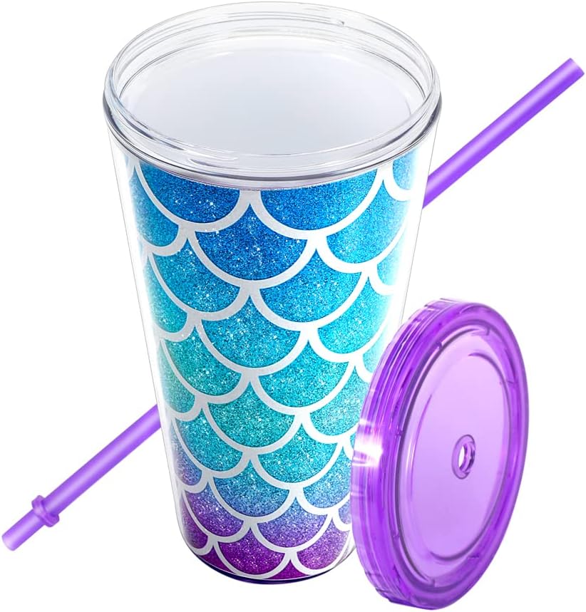 Home Tune Cute Glitter Tumbler Cups with Lid and Straw, Double Wall Insulated Acrylic Cup, 22 oz / 650ml (Mermaid) - Image 3