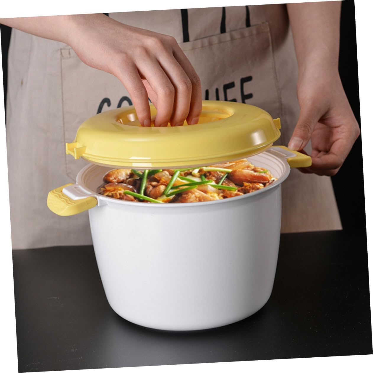 Microwave Rice Steamer 2Pcs Plastic Large Capacity Food Container Set | Home and Office Use, Yellow Finish, Portable Practical Design, Compact Profile for Daily Meals, Easy Storage