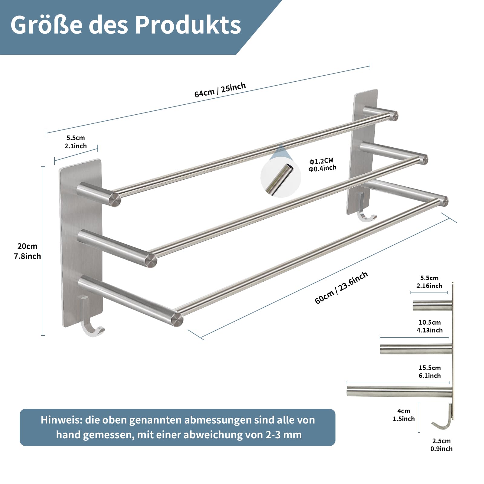 Vista Toallero autoadhesivo 3 barras 60 cm SUS304 acero inoxidable | Toallero sin taladrar plata con dos ganchos toallero para cocina, baño, dormitorio