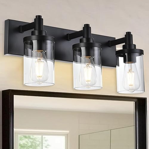 Iluminación moderna de tocador, 3 luces negras mate, apliques de pared vintage con pantalla de clase transparente, luces industriales montadas en la