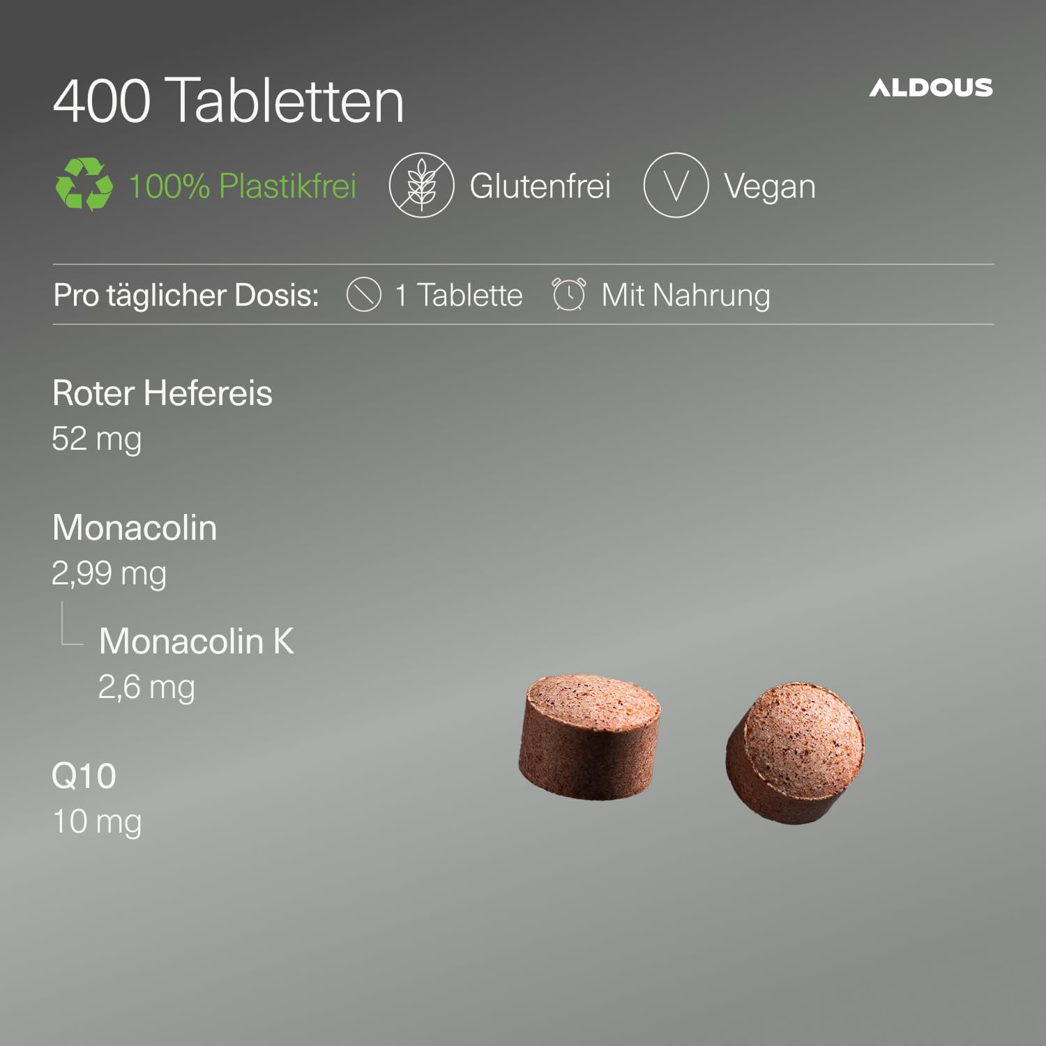 Fermentierter Roter Reis mit Q10, 400 Tabletten - 2,99 mg reines Monacolin - Citrinfrei - Vorrat für +13 Monate - Cholesterin Senken - Roter Reis Kapseln Cholesterin - ALDOUS