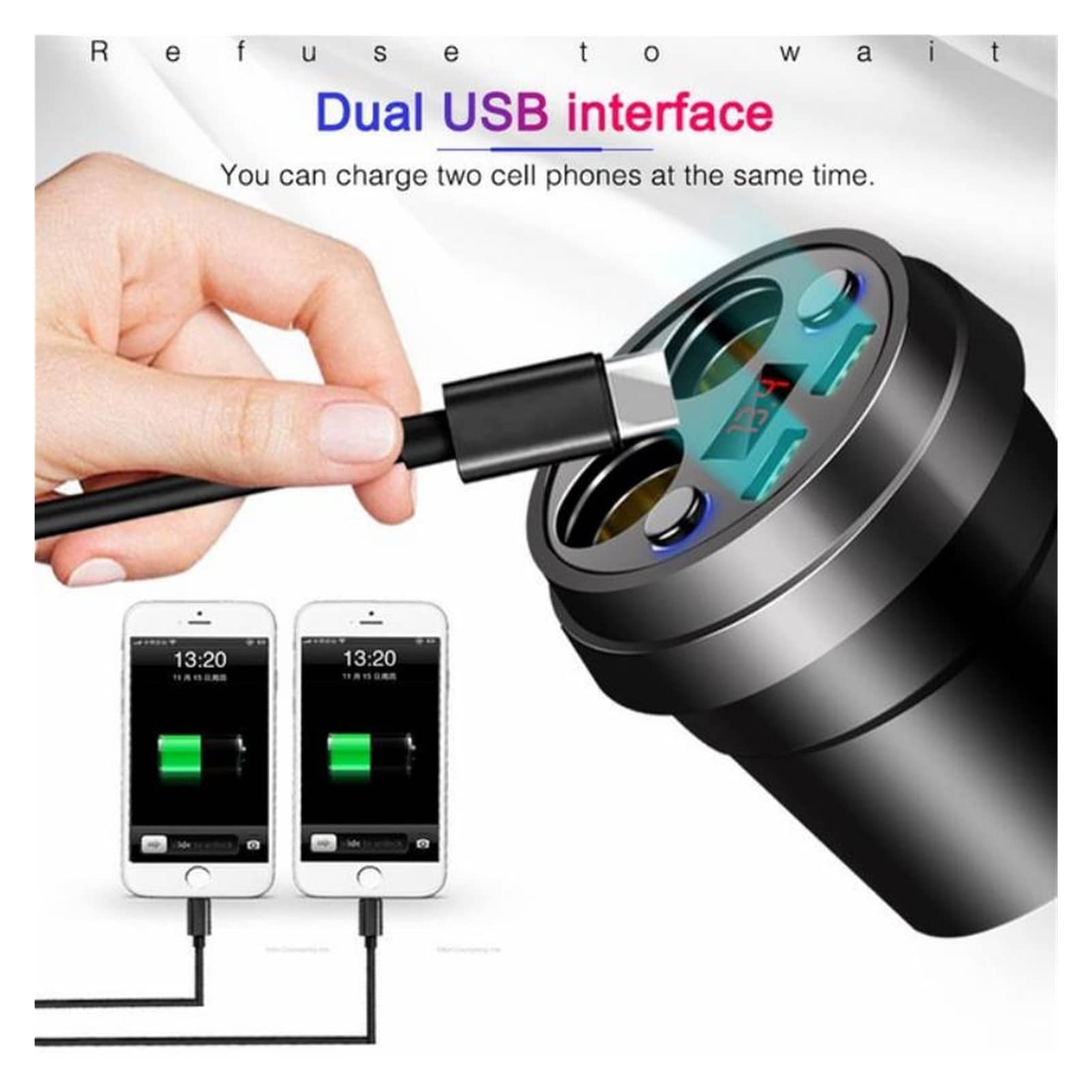 Adaptador de Corriente for teléfono móvil con 2 Puertos USB DC/5V 3.1A, Pantalla LED Voltaje y Encendedor(Black)