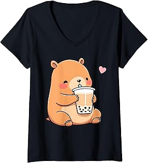 Women's Cute Kawaii Capybara Drinks Boba Bubble Tea Kawaii Aesthetic V-Neck T-Shirt