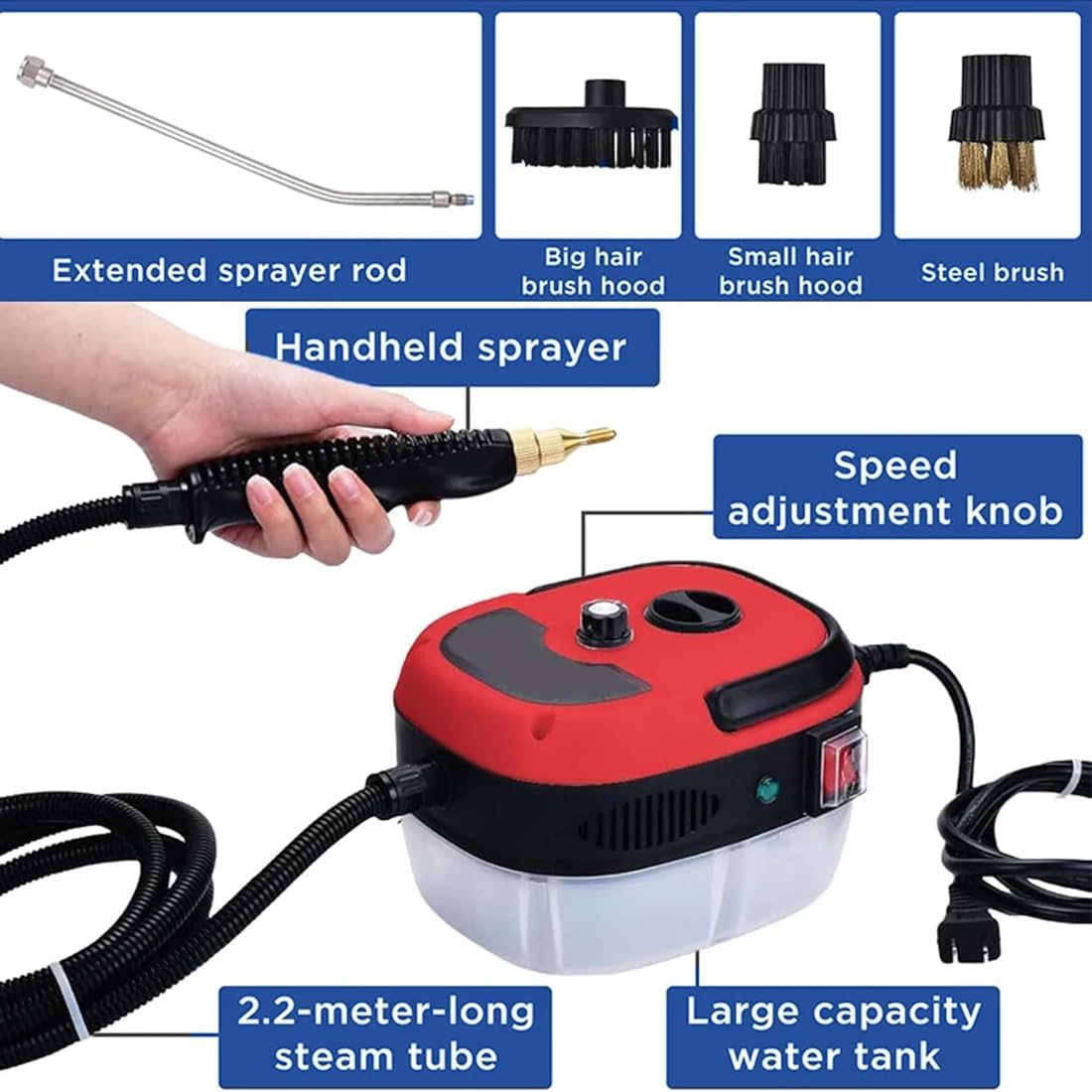 Limpiador de vapor para coche, máquina portátil de alta temperatura, 2500 W, limpiador de vapor presurizado de alta temperatura de 2500 W, máquina de vapor para lavar carros para coche, hogar (rojo)