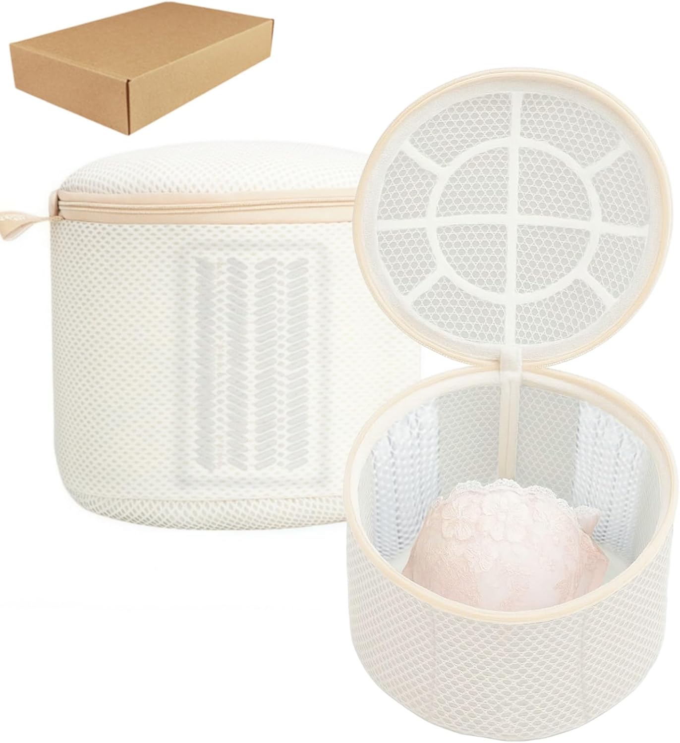 2 Pack Bra Washing Bags for Laundry, Large 7x6in Delicate Underwear Laundry Bags with 3D Structure, Double Frame Support, Soft Side Panels, Thick Mesh Beige