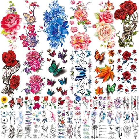 82 Sheets Flowers Temporary Tattoos Stickers, Roses, Butterflies and Multi-Colored Mixed Style Body Art Temporary Tattoos for Women, Girls or Kids Cover