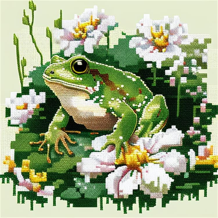 Bcdfgybcaxn 11CT Stamped Cross Stitch Kits for Adults,Frog and Flower,Needlepoint Cross-Stitch Patterns,16x16in Needlecrafts Embroidery Kits Arts and Crafts