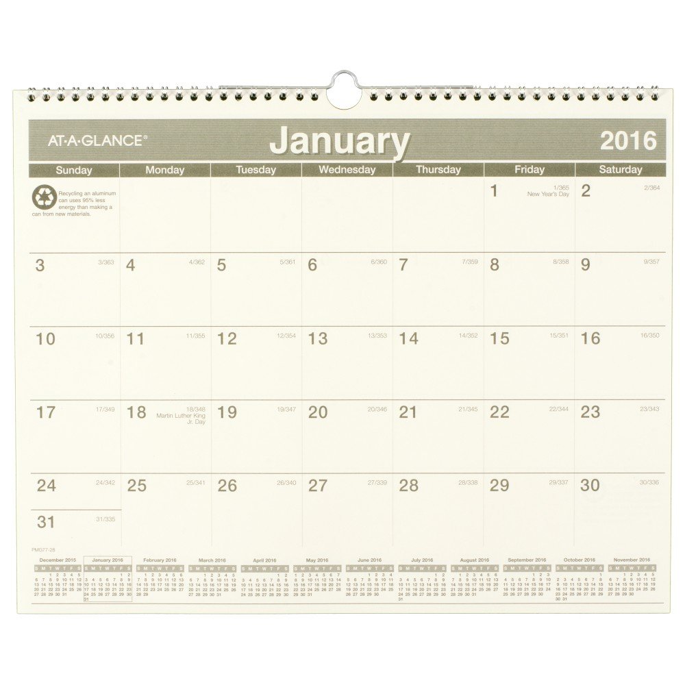 AT-A-GLANCE calendario de pared mensual 2016, recicla, 14 – 7/8 x 11 – 7/8 pulgadas (pmg77 – 28) by de un vistazo