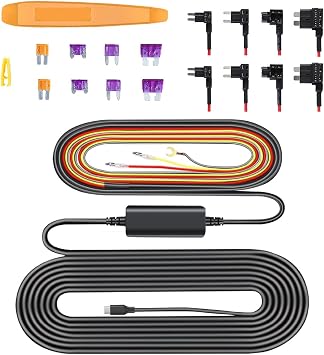 Type C Hardwire Kit for Front and Rear Dash Cam, 12V to DC 5V / 2A Hardwire Kit Fuse with Fuse Taps Dash Cam Low Voltage Protection, 2.5m Cable