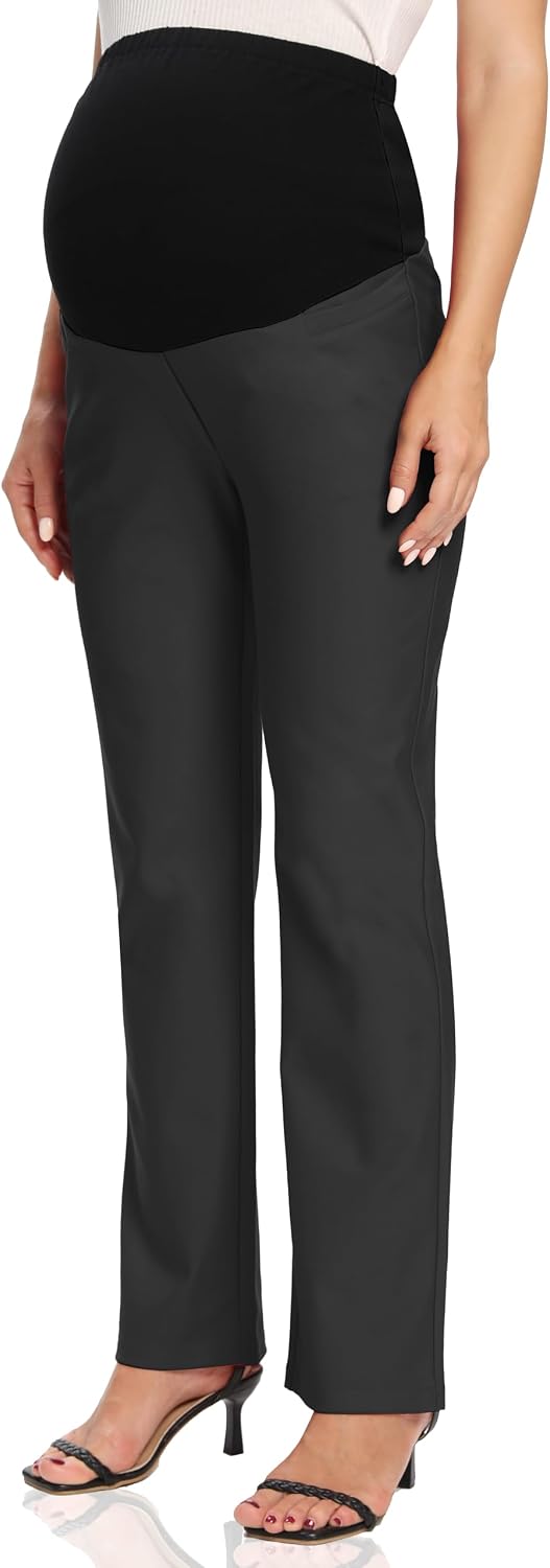 Foucome Women's Maternity Pants Comfy Stretch Dress Work Pants Straight Leg Pregnancy Slacks with Pockets