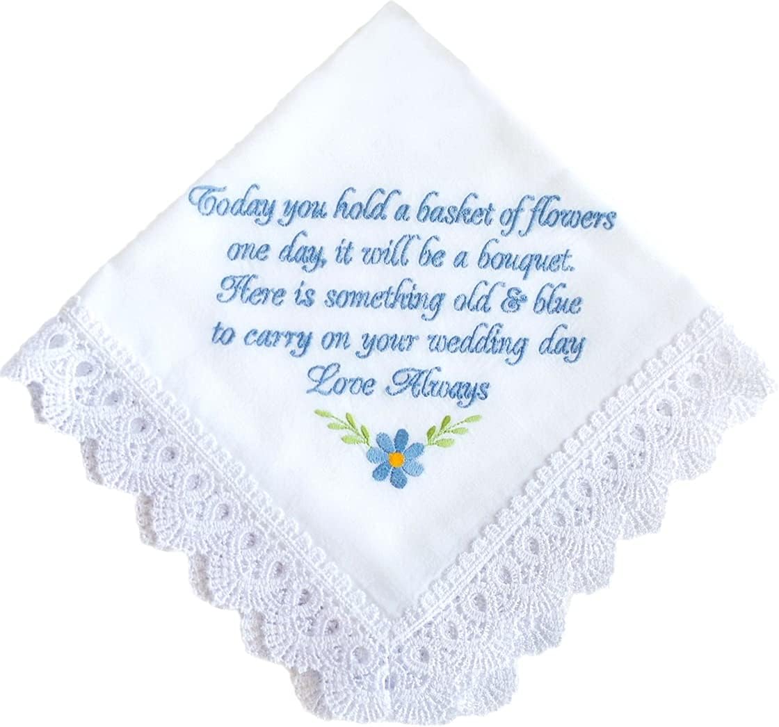 Flower Girl Handkerchief Embroidered Something Old Junior Bridesmaid Wedding Gift Blue
