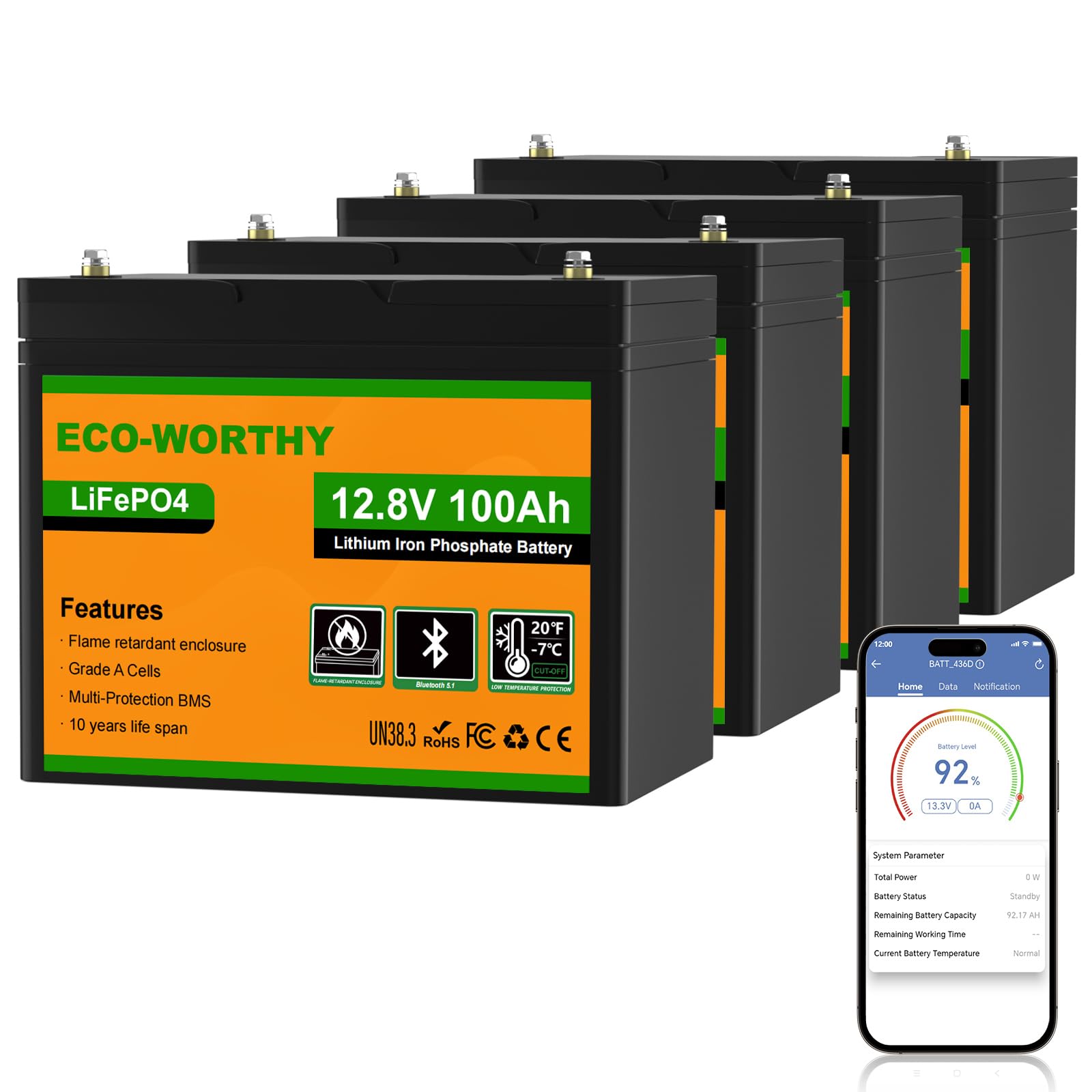 ECO-WORTHY 4PACK 12V 100Ah LiFePO4 Batterie 100A BMS Low Temperature Schutz