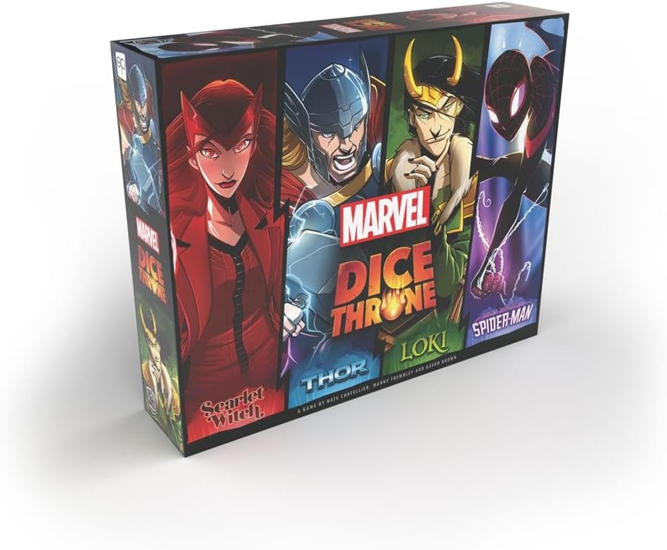 Marvel Dice Throne 4-Hero Box with Scarlet Witch, Thor, Loki & Spider-Man - 2-4 Player Competitive Dice Game, Black
