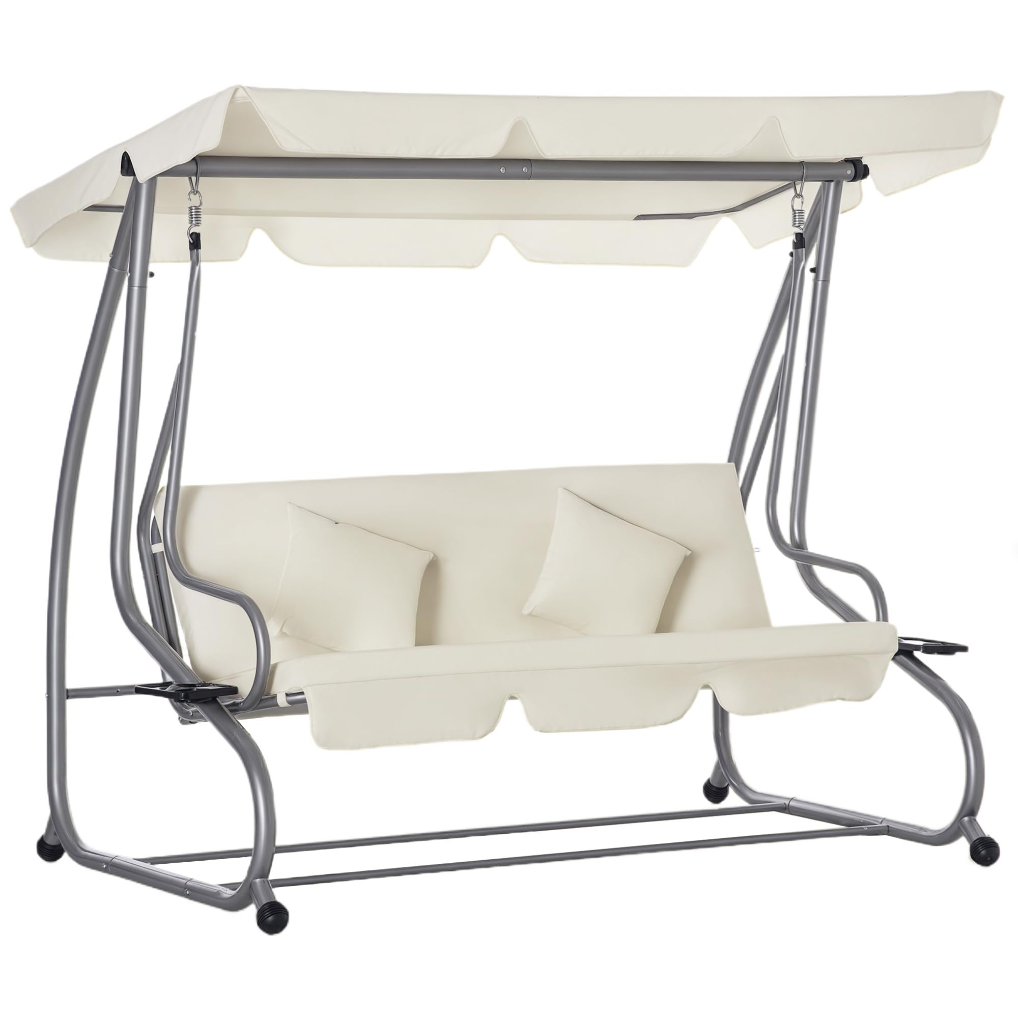 Outsunny Balancelle de Jardin 3 Places Convertible Toit Inclinaison réglable Acier Noir Polyester Beige