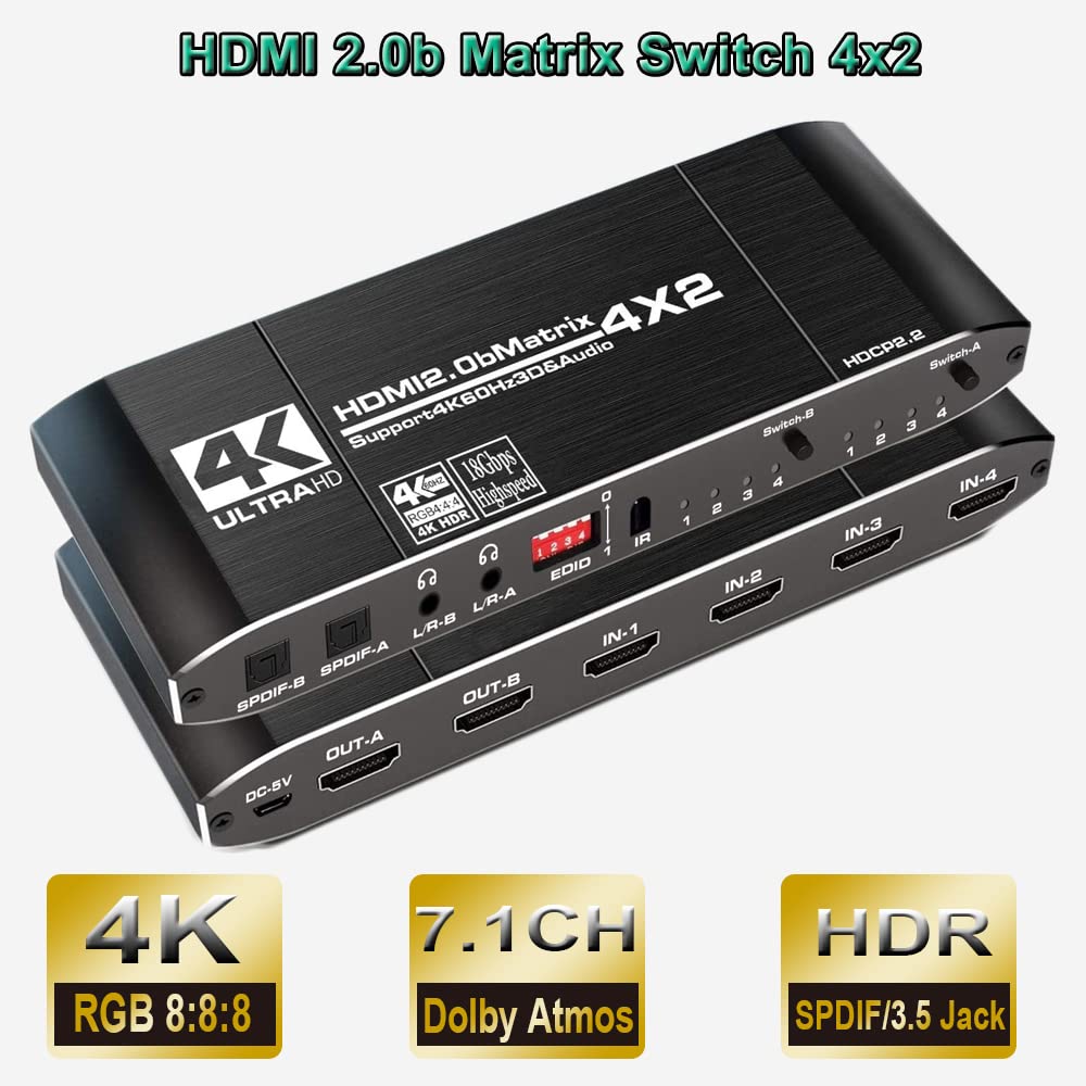HDMI Matrix 4x2 4K @ 60Hz HDR Switch Splitter 4 en 2 Sorties YUV 4：4：4 Optique SPDIF + Jack 3.5mm Extracteur Audio Commutateur HDMI