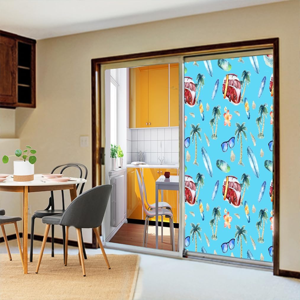 Brebasf Retro Summer Ocean Beach Privacy Blackout Window Film Watercolor Coconut Tree Surfboard Camper Theme Reusable Self Adhesive Insulated Window Stickers-23.6W x35.4L in x1 Pcs